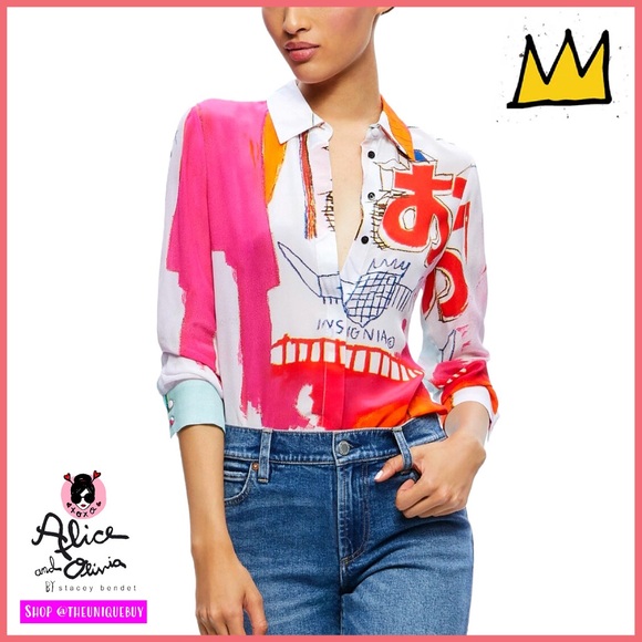 Alice + Olivia Tops - Alice + Olivia Willa Basquiat Pink Red Multi Placket Top